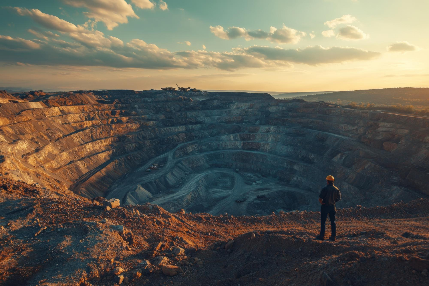 Un operario observa una vasta mina a cielo abierto al atardecer, representando la transformación digital en los campamentos mineros.