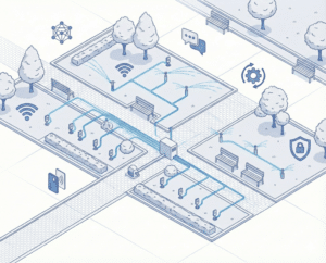 Has dicho más breve Gemini ha dicho Ilustración isométrica sobre sensorización IoT en campamentos mineros que muestra una red de riego inteligente y monitoreo digital.