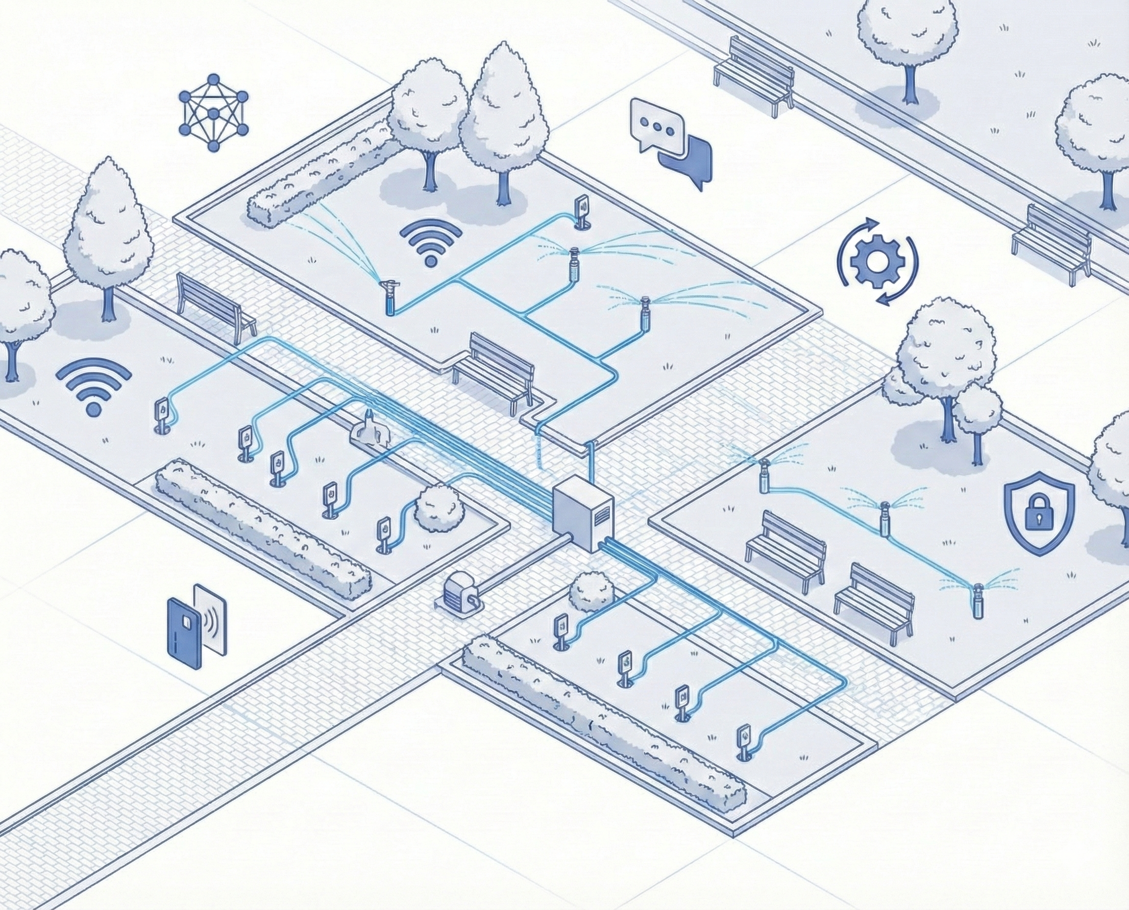 Has dicho más breve Gemini ha dicho Ilustración isométrica sobre sensorización IoT en campamentos mineros que muestra una red de riego inteligente y monitoreo digital.