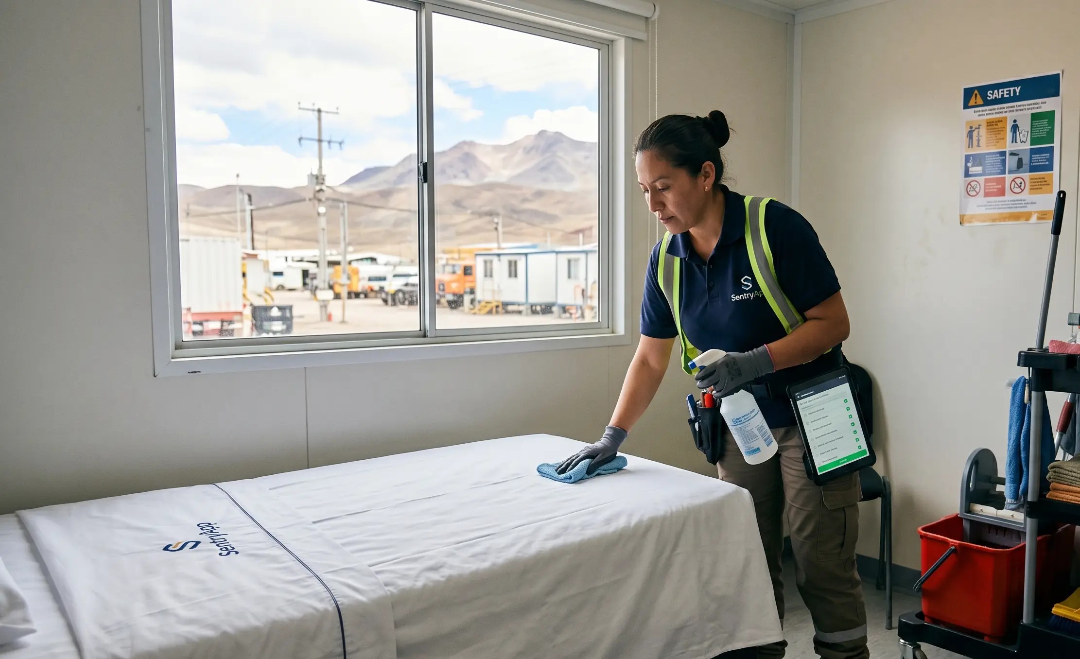 Personal de housekeeping limpiando una habitación en un campamento industrial, utilizando una tablet para gestionar checklists digitales.