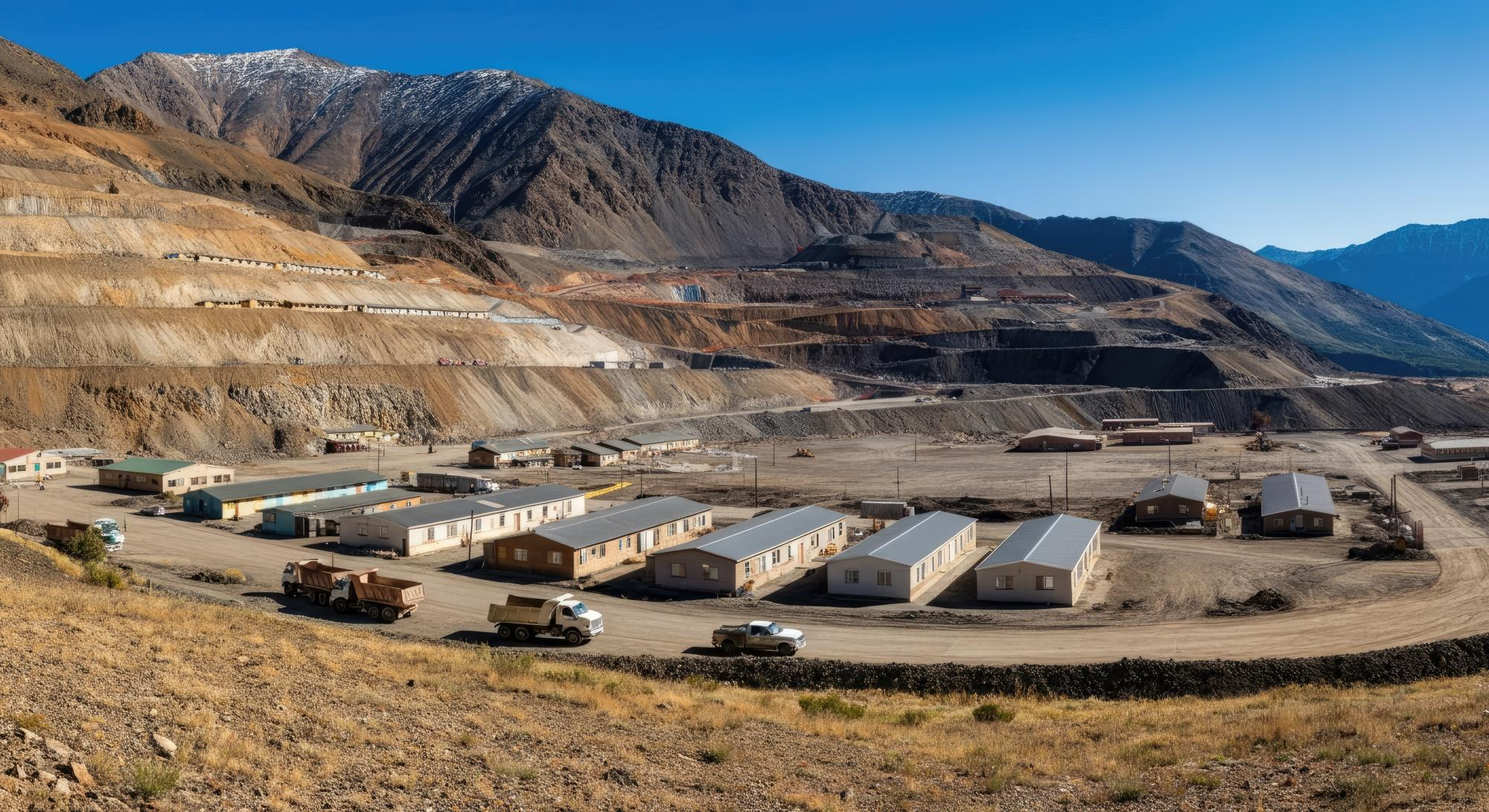 Campamento minero con módulos habitacionales y camiones frente a una montaña excavada, ideal para la gestión de reservas en campamentos.